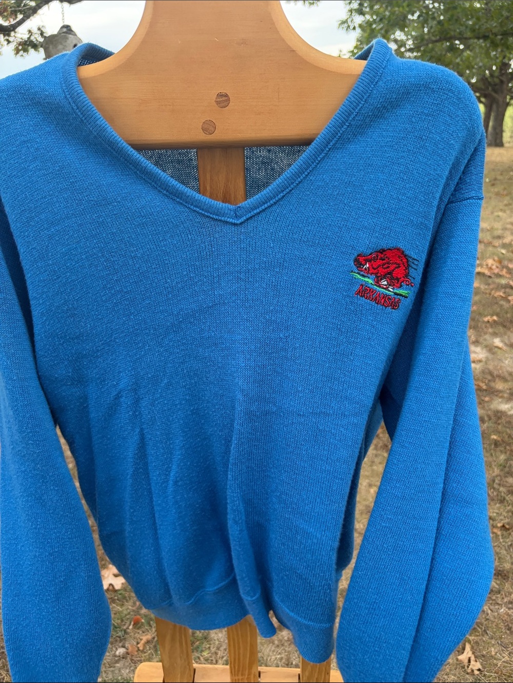 1970s Collegiate Pacific Arkansas Embroidered V-Neck Sweater in Light Blue